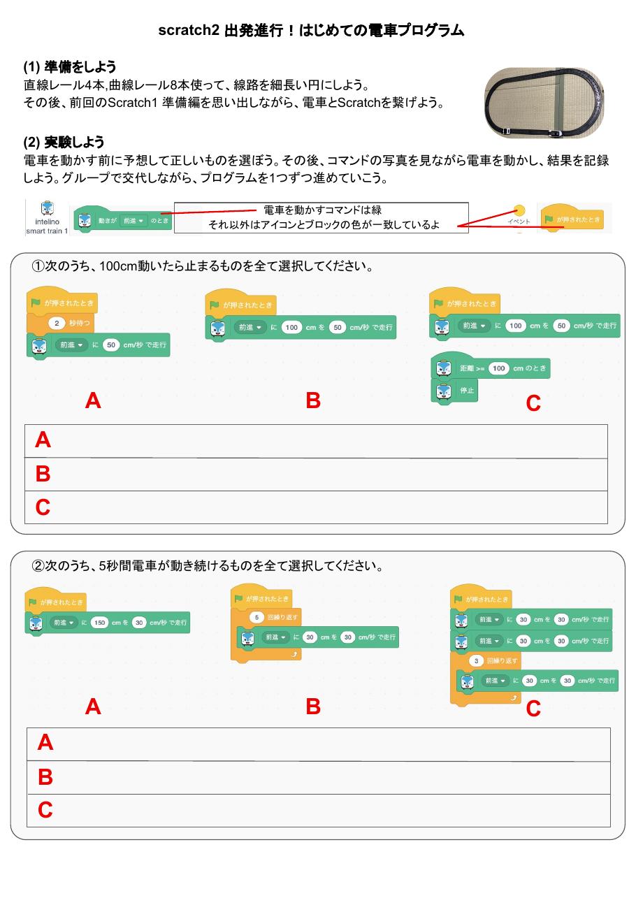 スクラッチで列車を動かす実際のブロック課題