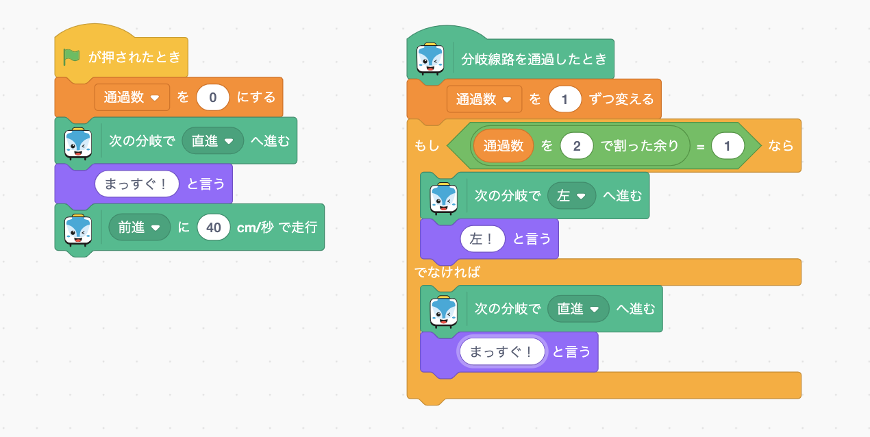 交互ルート完成データの日本語ブロックです。通過数の奇数・偶数で次の方向を決めます。