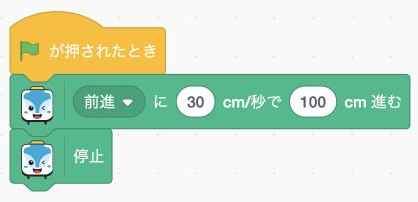 緑の旗から始まり、100cm前進して停止するScratchのブロック